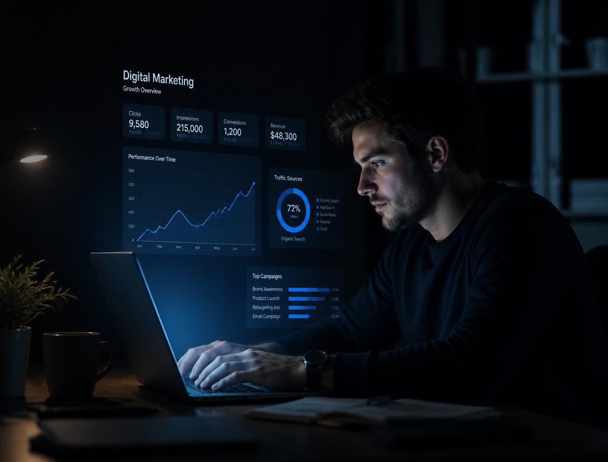 Pessoa trabalhando remotamente com dashboard de marketing digital